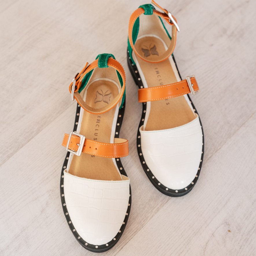 .Pantofi -  Double Belt -  Croco White